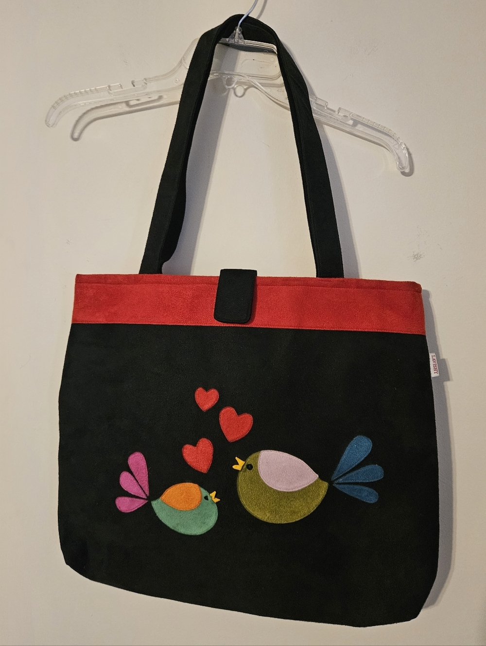 Lavishy Black & Red Tote Bag With Colorful Birds & Hearts